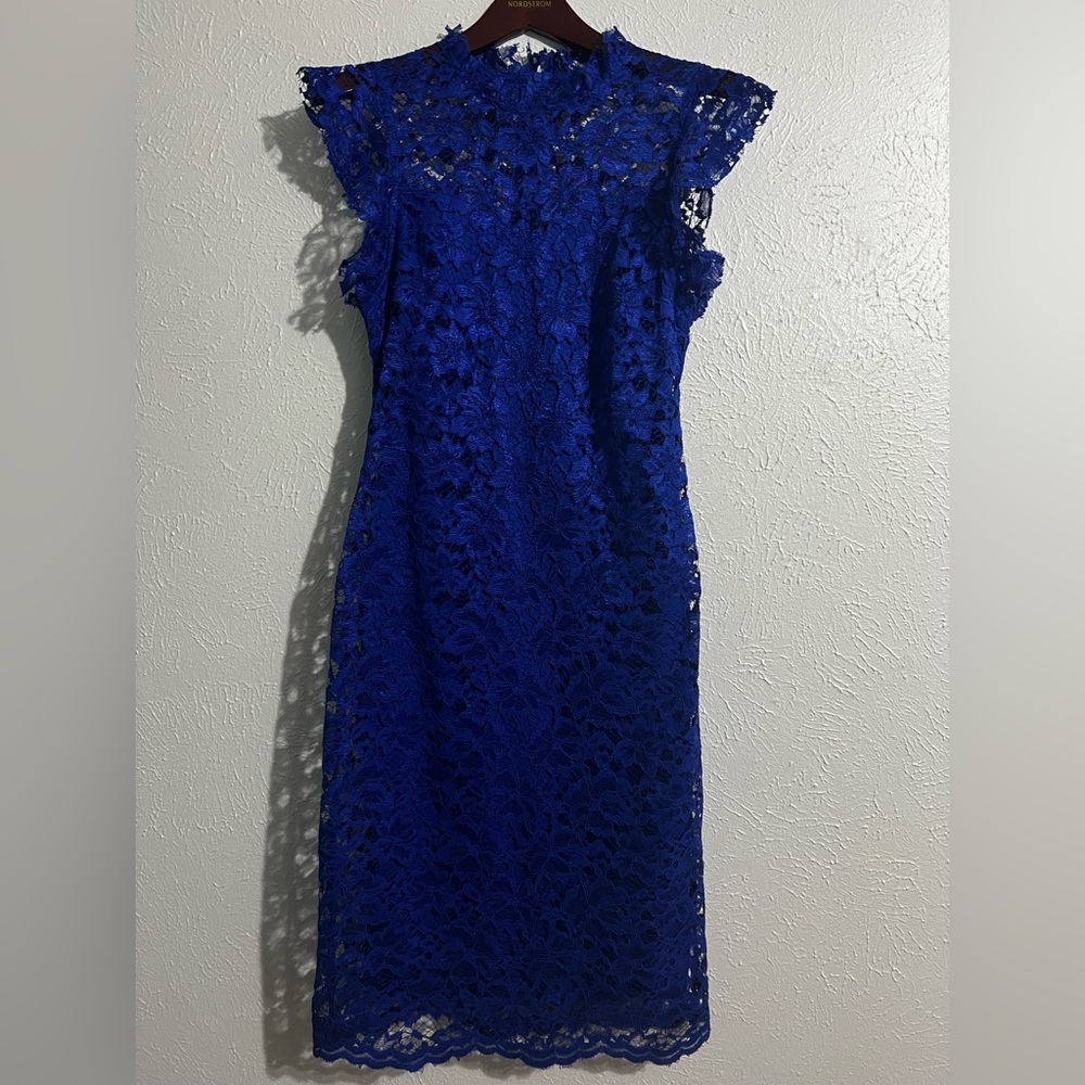 Blue Sheath Midi Dress with Flutter Sleeves